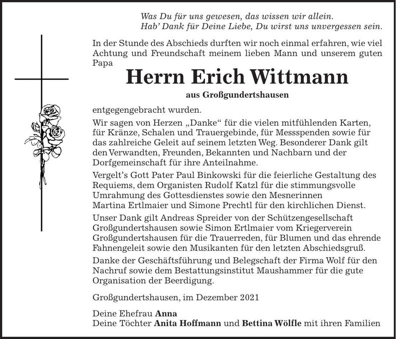 Traueranzeige Erich Wittmann