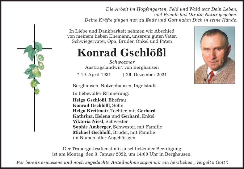 Traueranzeige Konrad Gschlößl