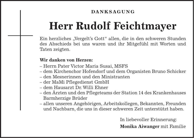 Traueranzeige Rudolf Feichtmayer