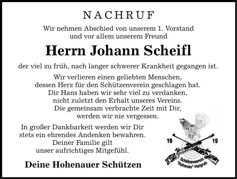 Traueranzeige Johann Scheifl