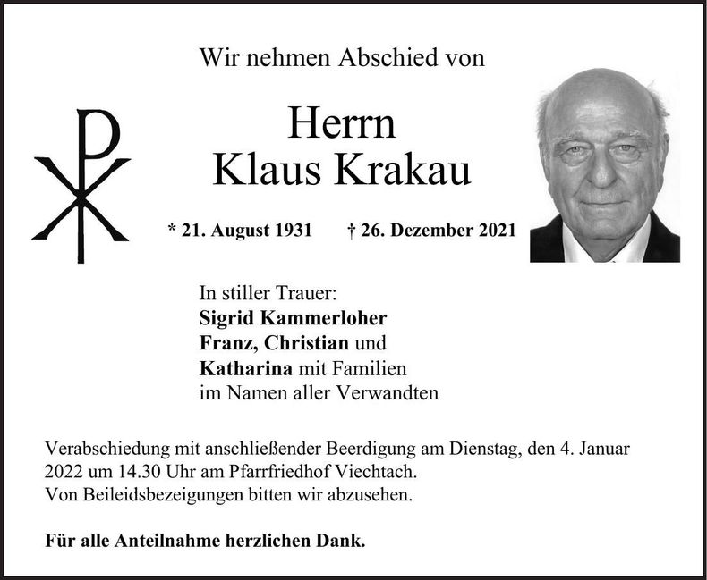 Traueranzeige Krakau Klaus