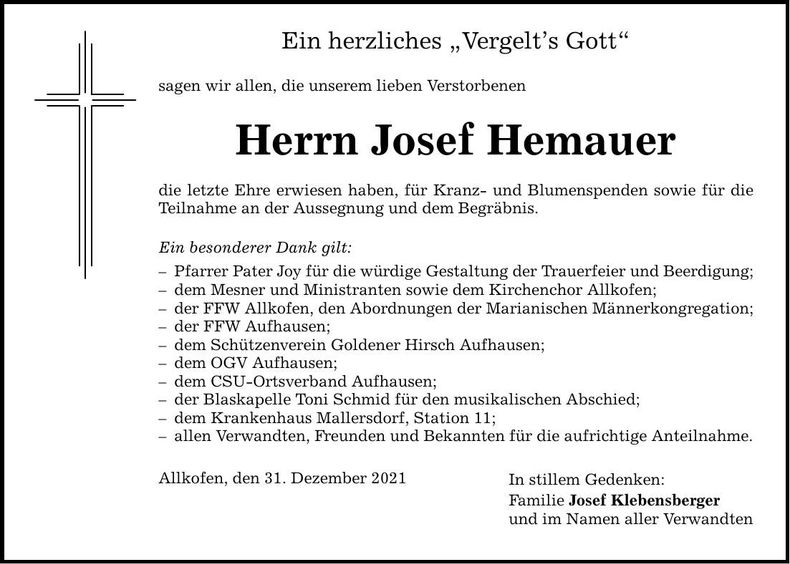 Traueranzeige Josef Hemauer