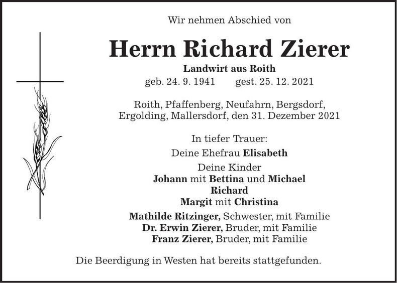 Traueranzeige Richard Zierer
