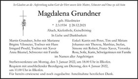 Traueranzeige Magdalena Grundner