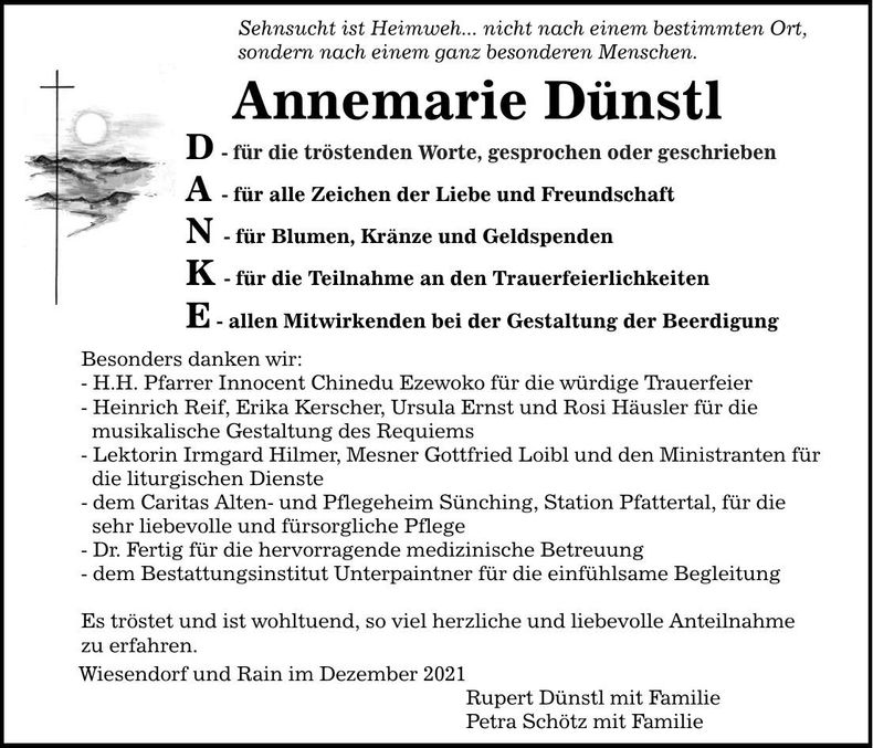 Traueranzeige Annemarie Dünstl