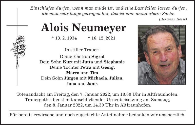 Traueranzeige Alois Neumeyer
