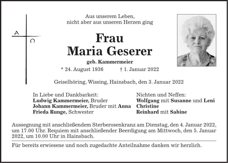 Traueranzeige Maria Geserer