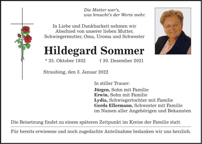 Traueranzeige Hildegard Sommer