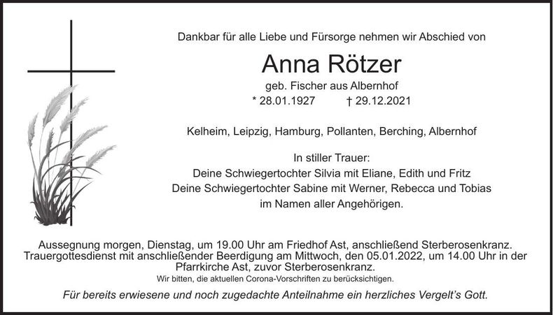 Traueranzeige Anna Rötzer