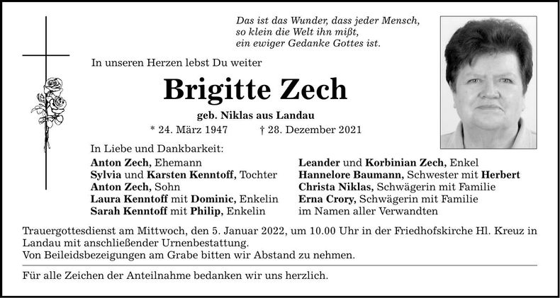 Traueranzeige Brigitte Zech