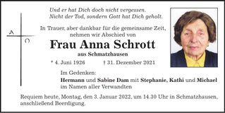 Traueranzeige Anna Schrott
