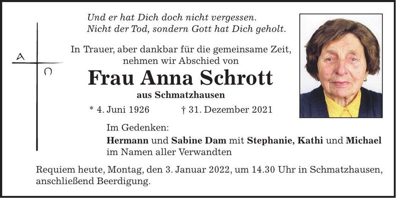 Traueranzeige Anna Schrott