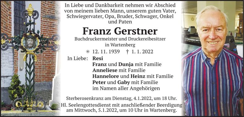 Traueranzeige Franz Gerstner