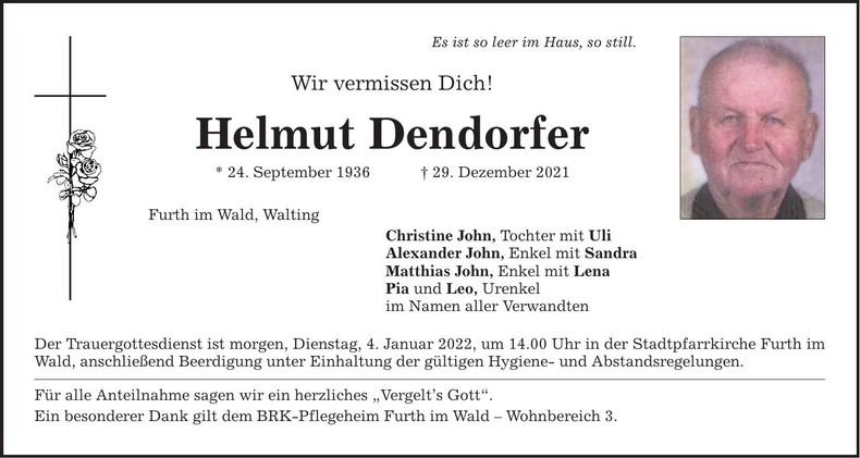 Traueranzeige Helmut Dendorfer