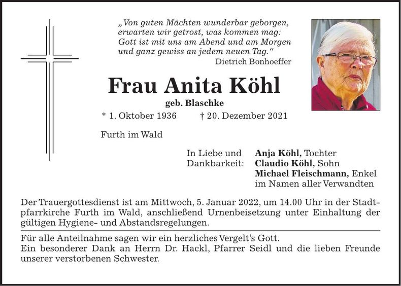 Traueranzeige Anita Köhl