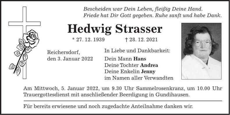 Traueranzeige Hedwig Strasser