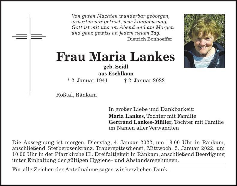 Traueranzeige Maria Lankes