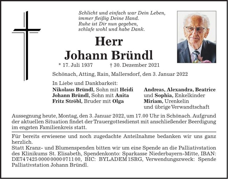 Traueranzeige Johann Bründl