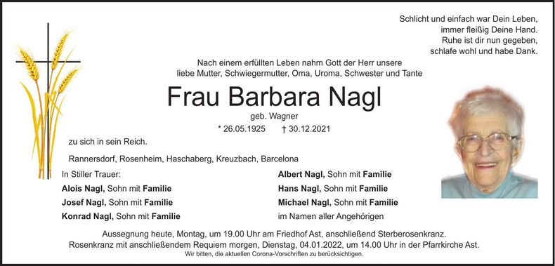 Traueranzeige Barbara Nagl