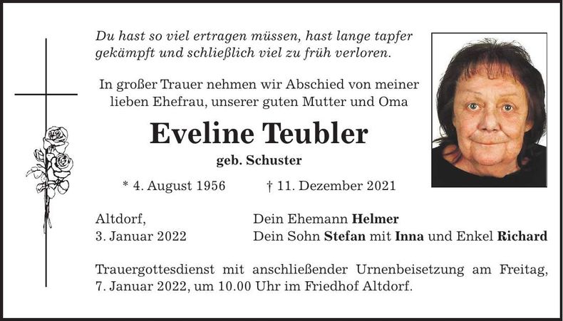 Traueranzeige Eveline Teubler