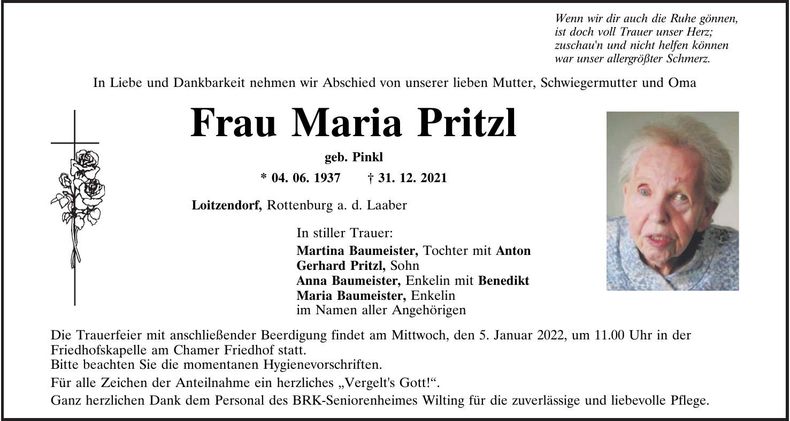 Traueranzeige Maria Pritzl