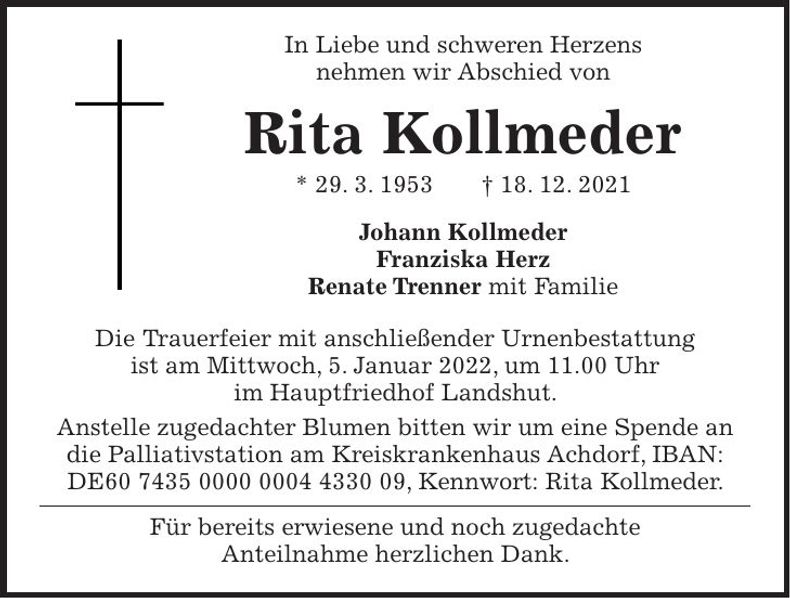 Traueranzeige Rita Kollmeder
