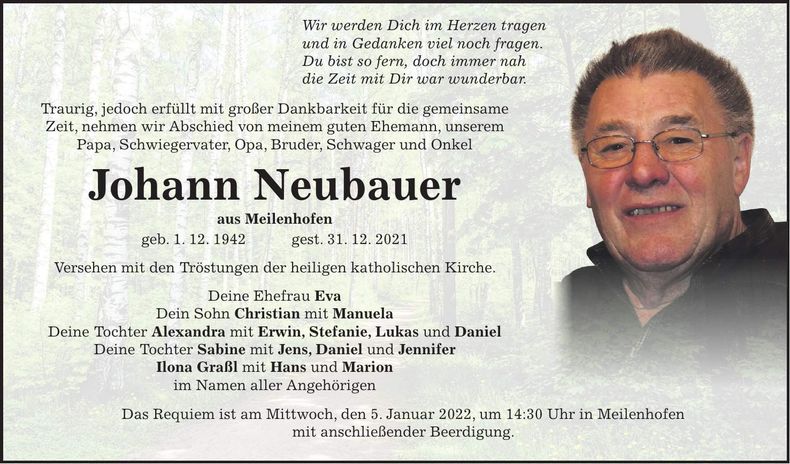 Traueranzeige Johann Neubauer