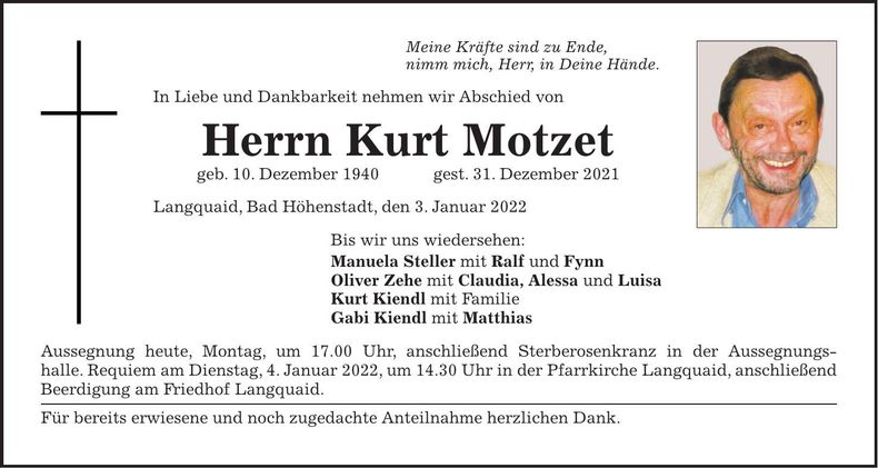 Traueranzeige Kurt Motzet