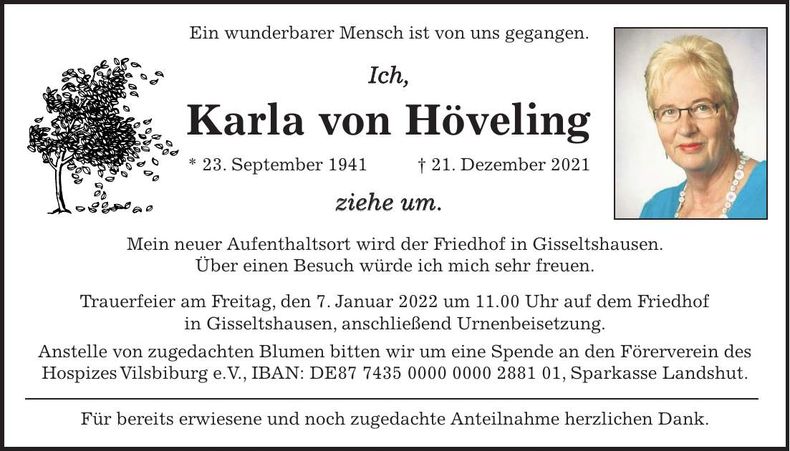 Traueranzeige Karla von Höveling