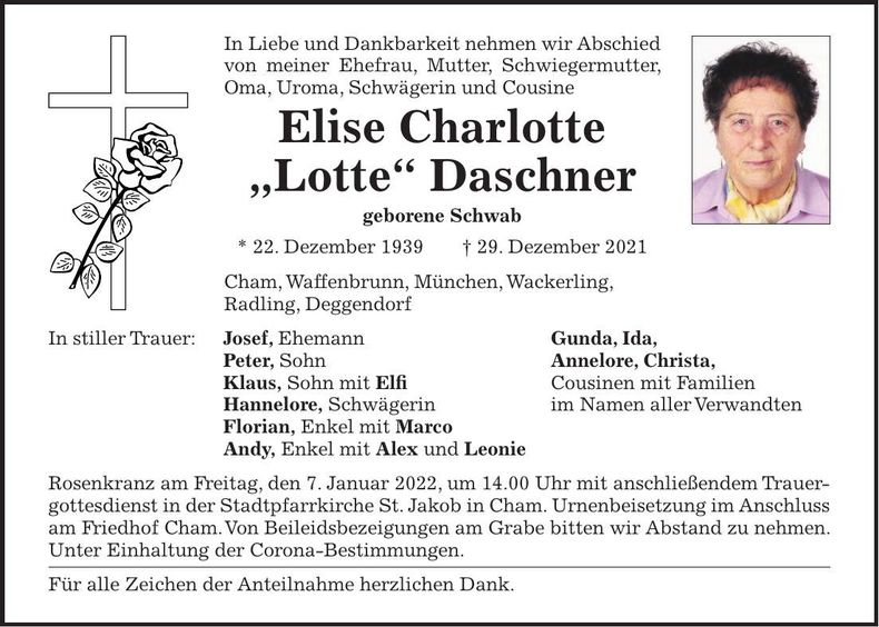 Traueranzeige Elise Charlotte Lotte Daschner