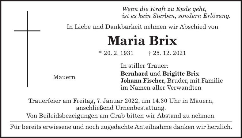 Traueranzeige Maria Brix
