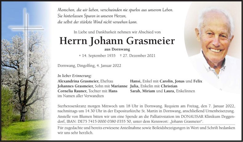 Traueranzeige Johann Grasmeier
