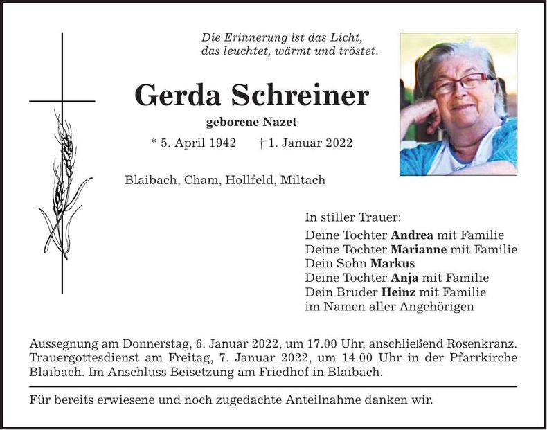 Traueranzeige Gerda Schreiner