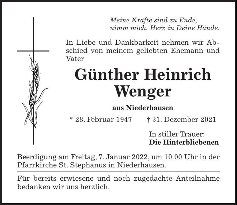 Traueranzeige Günther Heinrich Wenger