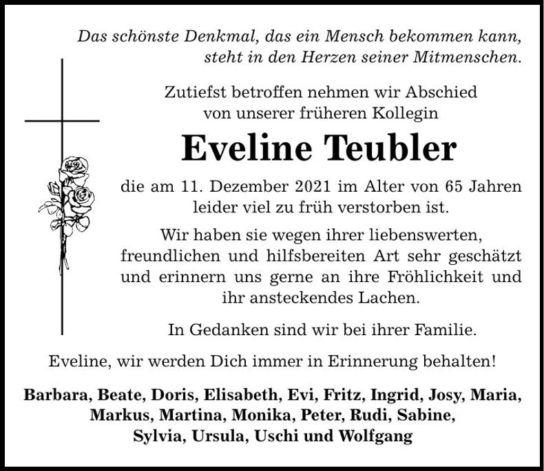 Traueranzeige Eveline Teubler