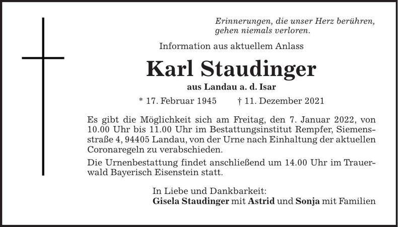 Traueranzeige Karl Staudinger
