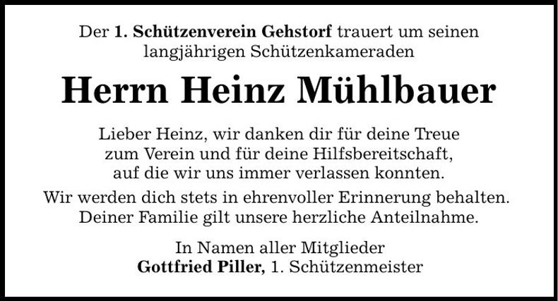 Traueranzeige Heinz Mühlbauer