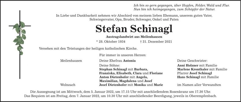 Traueranzeige Stefan Schinagl