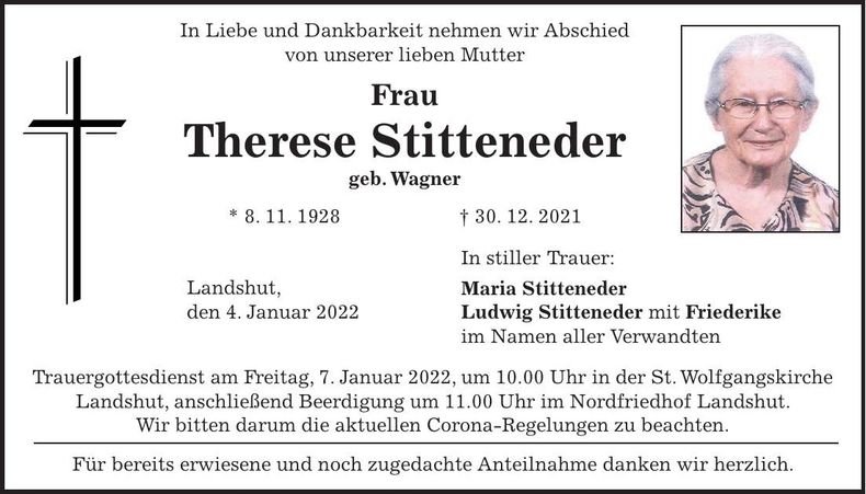 Traueranzeige Therese Stitteneder