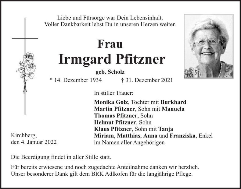 Traueranzeige Irmgard Pfitzner