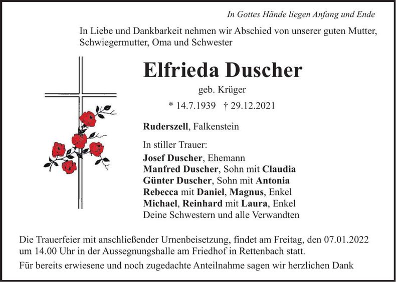 Traueranzeige Elfrieda Duscher