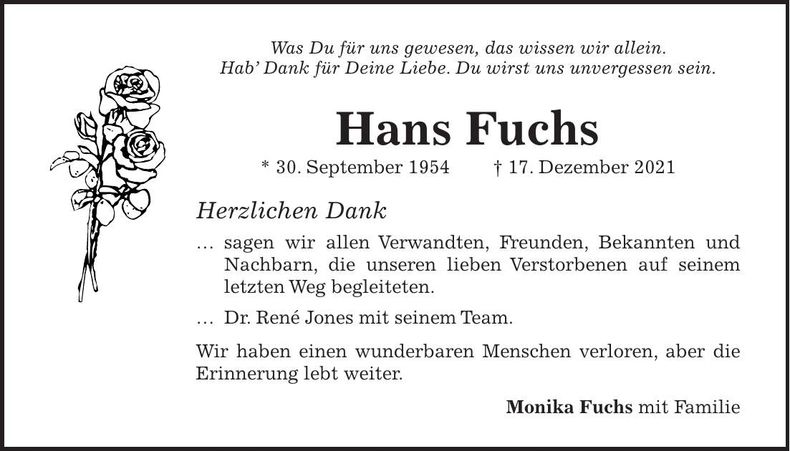 Traueranzeige Hans Fuchs