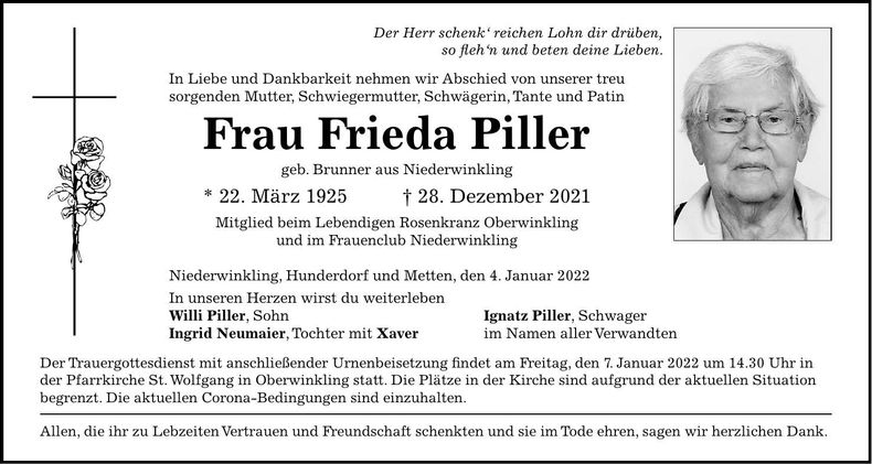 Traueranzeige Frieda Piller