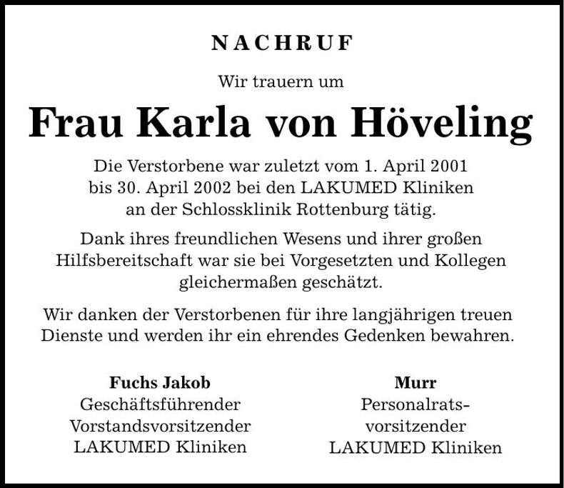 Traueranzeige Karla von Höveling