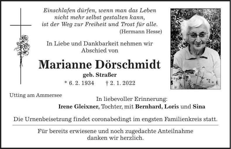 Traueranzeige Marianne Dörschmidt