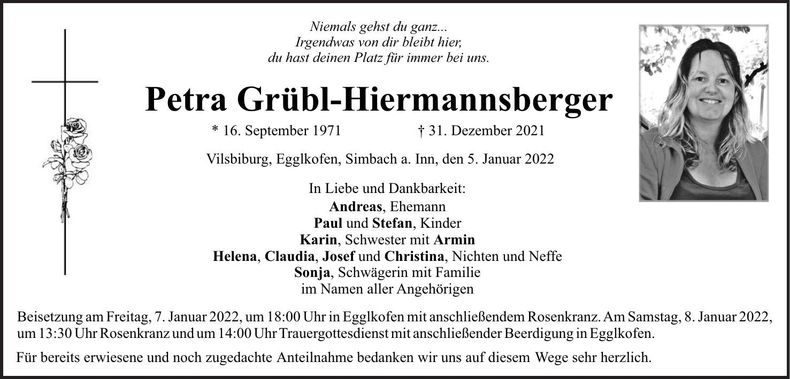 Traueranzeige Petra Grübl-Hiermannsberger