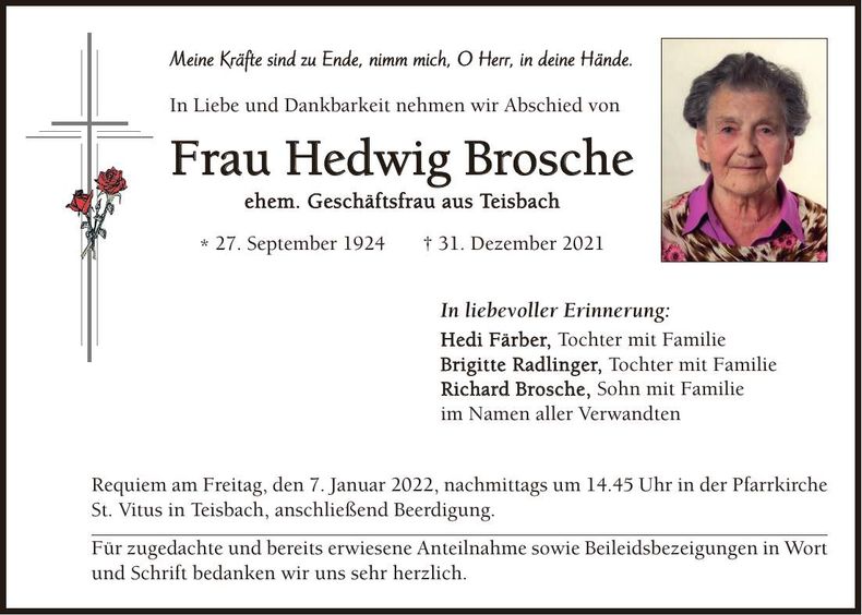 Traueranzeige Hedwig Brosche