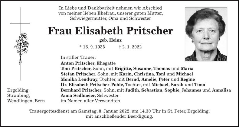Traueranzeige Elisabeth Pritscher