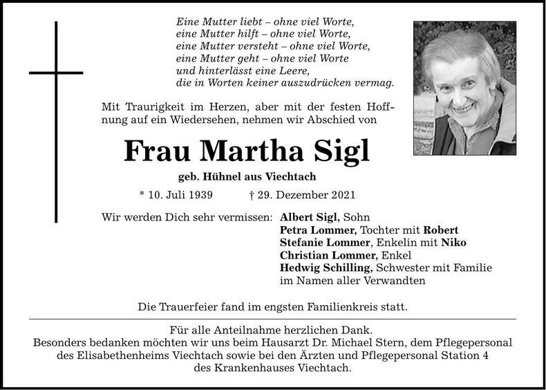 Traueranzeige Sigl Martha