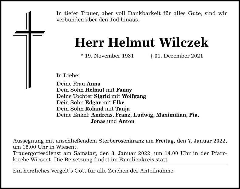 Traueranzeige Helmut Wilczek